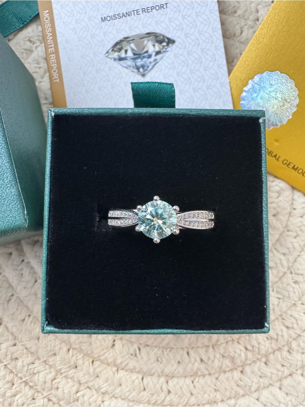 1 CT Aqua Light Blue-Green Moissanite Engagement Ring - Size 10 (GRA Certified) - Picture 3 of 10